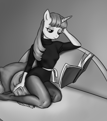 Size: 2635x2962 | Tagged: safe, artist:resurgam_snova, imported from derpibooru, twilight sparkle, anthro, unicorn, book, clothes, couch, female, kneeling, levitation, magic, mare, monochrome, reading, solo, telekinesis, unicorn twilight