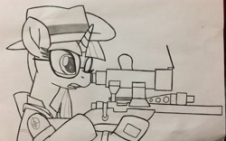 Size: 3180x1980 | Tagged: safe, artist:ejlightning007arts, imported from derpibooru, twilight sparkle, crossover, gun, hand drawing, hat, open mouth, rifle, sniper, sniper rifle, sunglasses, team fortress 2, traditional art, twilight sniper, weapon