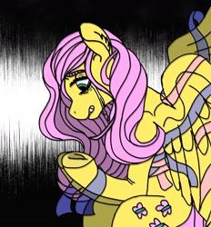 Size: 1670x1801 | Tagged: safe, artist:clownytowny, imported from derpibooru, fluttershy, pegasus, pony, abstract background, crying, female, gritted teeth, holding, hoof hold, looking at something, looking down, mare, profile, ribbon, solo, spread wings, stray strand, teary eyes, wings