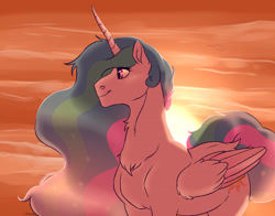 Size: 1280x1002 | Tagged: safe, artist:shimazun, imported from derpibooru, princess celestia, alicorn, pony, female, mare, missing accessory, smiling, solo, sunrise