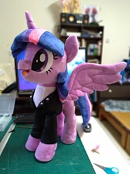 Size: 1536x2048 | Tagged: safe, artist:nekokevin, imported from derpibooru, twilight sparkle, alicorn, pony, clothes, computer, female, irl, jacket, laptop computer, mare, open mouth, photo, plushie, scissors, smiling, solo, spread wings, twilight sparkle (alicorn), wings