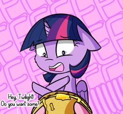 Size: 1886x1749 | Tagged: safe, artist:artiks, imported from derpibooru, pinkie pie, twilight sparkle, alicorn, pony, party pooped, cheek fluff, cute, dialogue, do not want, eeee, fear, floppy ears, food, quesadilla, they're just so cheesy, twiabetes, twilight sparkle (alicorn)