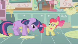 Size: 1280x720 | Tagged: safe, imported from derpibooru, screencap, apple bloom, twilight sparkle, earth pony, pony, unicorn, call of the cutie, season 1, female, filly, foal, kitchen, mare, mess, out of context, sweat, tired, unicorn twilight