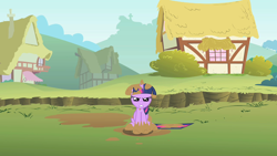 Size: 1280x720 | Tagged: safe, imported from derpibooru, screencap, twilight sparkle, pony, unicorn, feeling pinkie keen, angry, ditch, female, house, mare, mud, muddy, solo, unicorn twilight