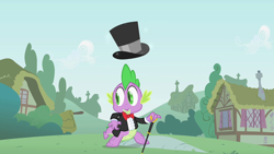 Size: 1280x720 | Tagged: safe, imported from derpibooru, screencap, spike, dragon, feeling pinkie keen, baby dragon, bowtie, cane, clothes, hat, male, ruffled shirt, solo, suit, surprised, tailcoat, top hat, tuxedo