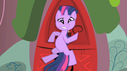 Size: 1280x720 | Tagged: safe, imported from derpibooru, screencap, twilight sparkle, pony, unicorn, feeling pinkie keen, season 1, female, flattened, mare, shape change, slapstick, solo, unicorn twilight