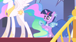 Size: 1280x720 | Tagged: safe, imported from derpibooru, screencap, princess celestia, twilight sparkle, alicorn, pony, unicorn, the best night ever, canterlot, canterlot castle, clothes, dress, duo, ethereal mane, female, gala dress, grimace, gritted teeth, head out of frame, hoof shoes, jewelry, mare, pain, smiling, stairs, swollen, unicorn twilight