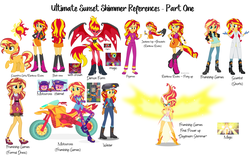 Size: 8700x5400 | Tagged: safe, artist:wubcakeva, imported from derpibooru, sunset shimmer, demon, equestria girls, equestria girls (movie), friendship games, rainbow rocks, the science of magic, clothes, daydream shimmer, dress, gloves, helmet, lab coat, magic, medical gloves, motocross outfit, motorcross, motorcross outfit, motorcycle, pajamas, ponied up, reference sheet, rubber gloves, sunset satan, sunset the science gal, sunset welder