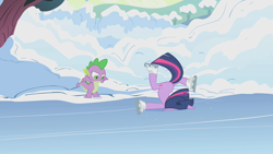 Size: 1280x720 | Tagged: safe, imported from derpibooru, screencap, spike, twilight sparkle, dragon, pony, unicorn, season 1, winter wrap up, baby dragon, duo, faceplant, female, ice, ice skates, ice skating, majestic as fuck, male, mare, slapstick, snow, unicorn twilight