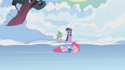 Size: 1280x720 | Tagged: safe, imported from derpibooru, screencap, fluttershy, spike, twilight sparkle, dragon, earth pony, pony, unicorn, winter wrap up, baby dragon, clothes, female, ice, ice skates, ice skating, mare, snow, trio, unicorn twilight, vest, weather team, winter wrap up vest