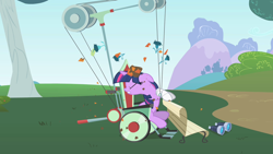 Size: 1280x720 | Tagged: safe, imported from derpibooru, screencap, twilight sparkle, pony, unicorn, feeling pinkie keen, season 1, bandaged hoof, bandaged leg, bench, binoculars, female, injured, mare, slapstick, unicorn twilight, wheelchair