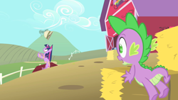 Size: 1280x720 | Tagged: safe, imported from derpibooru, screencap, spike, twilight sparkle, dragon, pony, unicorn, feeling pinkie keen, baby dragon, bandaid, barn, butt, duo, female, hat, male, mare, pith helmet, unicorn twilight