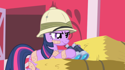 Size: 1280x720 | Tagged: safe, imported from derpibooru, screencap, twilight sparkle, pony, unicorn, feeling pinkie keen, bandage, bandaid, binoculars, female, hat, mare, narrowed eyes, pith helmet, unicorn twilight