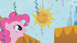 Size: 1280x720 | Tagged: safe, imported from derpibooru, screencap, pinkie pie, earth pony, pony, the ticket master, confetti, female, imagine spot, mare, pinkie's gala fantasy song, piñata, solo, streamers