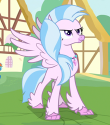 Size: 824x937 | Tagged: safe, imported from derpibooru, screencap, silverstream, classical hippogriff, hippogriff, uprooted, confident, cropped, female, jewelry, necklace, pose, proud, smiling, spread wings, wings