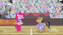 Size: 1280x720 | Tagged: safe, imported from derpibooru, screencap, pinkie pie, quibble pants, wind sprint, earth pony, pegasus, pony, common ground, lidded eyes, out of context, tail stand