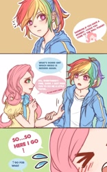 Size: 1280x2048 | Tagged: safe, artist:dez, imported from derpibooru, fluttershy, rainbow dash, human, comic, eyes closed, female, flutterdash, humanized, lesbian, shipping