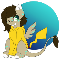 Size: 3600x3600 | Tagged: safe, artist:melonzy, imported from derpibooru, oc, oc only, oc:rune, pegasus, pikachu, pony, brown mane, female, filly, green eyes, happy, high res, long tail, one eye closed, pokémon, simple background, smiling, solo, sweatshirt, transparent background