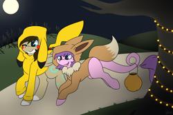 Size: 5400x3600 | Tagged: safe, artist:melonzy, imported from derpibooru, oc, oc only, oc:melon sweet, oc:rune, eevee, pikachu, pony, brown mane, candy, clothes, costume, dusk, female, filly, food, friendship, full moon, green eyes, halloween, happy, holiday, leotard, long tail, moon, one eye closed, open mouth, pokémon, purple mane, smiling, string lights, sweatshirt, trail, tree