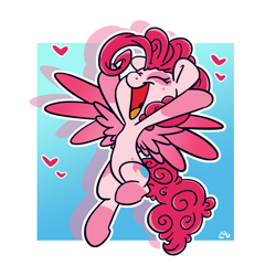 Size: 1500x1500 | Tagged: safe, artist:lou, imported from derpibooru, pinkie pie, pegasus, pony, leak, spoiler:g5, abstract background, cheering, coat markings, cute, dappled, diapinkes, eyes closed, female, flying, g5, g5 concept leak style, g5 concept leaks, happy, heart, mare, open mouth, pegasus pinkie pie, pinkie pie (g5 concept leak), pinkie pie (g5), race swap, shadow, smiling, solo, spread wings, wings