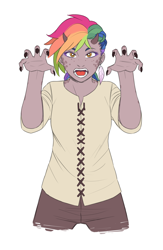 Size: 1250x1920 | Tagged: safe, artist:nubeinvernal, imported from derpibooru, oc, oc only, oc:rainbow feather, human, claws, clothes, cloths, ear piercing, earring, horned humanization, horns, humanized, interspecies offspring, jewelry, magical lesbian spawn, offspring, parent:gilda, parent:rainbow dash, parents:gildash, piercing, rawr, solo