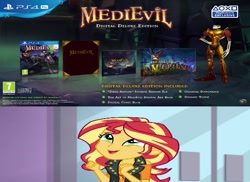 Size: 577x419 | Tagged: safe, deleted from derpibooru, imported from derpibooru, sunset shimmer, a fine line, equestria girls, equestria girls series, excited, game trailer, gamer sunset, hyped, medievil, medievil ps4, obligatory pony, playstation 4, reaction image, sir daniel fortesque, sunset gamer