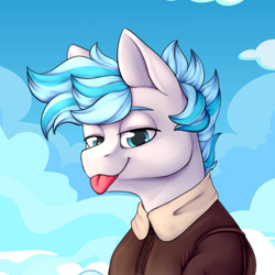 Size: 1000x1000 | Tagged: safe, artist:cleoziep, imported from derpibooru, oc, oc only, oc:dazzleflash, pegasus, pony, :p, clothes, jacket, solo, tongue out