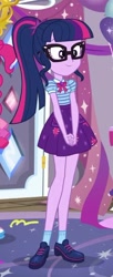 Size: 251x613 | Tagged: safe, imported from derpibooru, screencap, pinkie pie, sci-twi, twilight sparkle, equestria girls, equestria girls series, fomo, spoiler:eqg series (season 2), clothes, cropped, cute, female, geode of telekinesis, glasses, legs, magical geodes, offscreen character, ponytail, shoes, skirt, smiling, socks