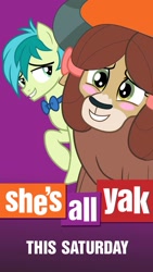 Size: 1080x1921 | Tagged: safe, imported from derpibooru, sandbar, yona, earth pony, pony, yak, she's all yak, adventure in the comments, arguments on the comments, blushing, bow, bowtie, facebook, female, grin, hair bow, male, official, parody, parody poster, poster parody, shipping, shipping fuel, smiling, straight, text, yonabar