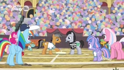 Size: 1280x720 | Tagged: safe, imported from derpibooru, screencap, clear sky, fluttershy, lucky clover, pinkie pie, quibble pants, rainbow dash, snails, snips, wind sprint, earth pony, pegasus, pony, unicorn, common ground, book, coach rainbow dash, colt, female, male, mare, rainbow dashs coaching whistle, referee, referee shirt, whistle, whistle necklace