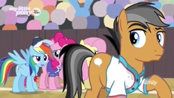 Size: 1280x720 | Tagged: safe, imported from derpibooru, screencap, fluttershy, pinkie pie, quibble pants, rainbow dash, earth pony, pegasus, pony, common ground, cap, coach rainbow dash, hat, raised eyebrow