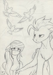 Size: 1780x2500 | Tagged: safe, artist:airfly-pony, imported from derpibooru, oc, oc only, oc:scarlett drop, oc:wing hurricane, bird, pegasus, pony, female, holiday, looking up, male, peace, rcf community, scarricane, shipping
