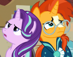 Size: 573x454 | Tagged: safe, edit, edited screencap, imported from derpibooru, screencap, starlight glimmer, sunburst, pony, unicorn, the parent map, animated, cropped, duo, facial hair, female, frown, gif, glasses, goatee, male, mare, open mouth, sigh, stallion, unamused