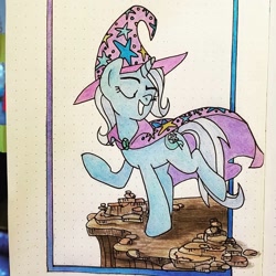 Size: 1080x1080 | Tagged: safe, artist:escapadistfiction, imported from derpibooru, trixie, pony, unicorn, cliff, eyes closed, female, smug, solo, traditional art