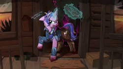 Size: 2300x1300 | Tagged: safe, artist:sw1tchbl4de, imported from derpibooru, oc, oc only, pony, unicorn, blood, book, clothes, glowing horn, horn, magic, raised hoof, shoes, speech, telekinesis, torn clothes, unicorn oc