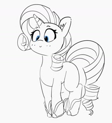 Size: 1341x1480 | Tagged: safe, artist:pabbley, imported from derpibooru, rarity, pony, unicorn, boots, ear fluff, female, lineart, looking down, mare, missing cutie mark, monochrome, neo noir, partial color, shoes, smiling, solo