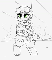 Size: 1353x1576 | Tagged: safe, artist:pabbley, imported from derpibooru, applejack, earth pony, pony, assault rifle, bipedal, female, goggles, gun, helmet, holding, lineart, mare, military, monochrome, neo noir, partial color, rifle, solo, watch, weapon, wristwatch