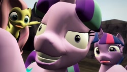 Size: 1280x720 | Tagged: artist needed, safe, artist:danthebronyman, imported from derpibooru, fluttershy, starlight glimmer, twilight sparkle, alicorn, pegasus, pony, unicorn, 3d, close-up, confused, extreme close up, extreme close-up, face of evil, faic, female, gmod, insane face, insanity, jaw drop, s5 starlight, shrunken pupils, smiling, spread wings, teeth, trio, trio female, twilight sparkle (alicorn), wat
