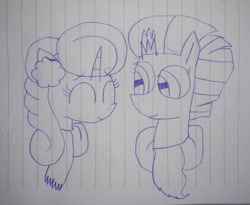 Size: 3457x2836 | Tagged: safe, artist:徐詩珮, imported from derpibooru, fizzlepop berrytwist, glitter drops, tempest shadow, pony, unicorn, my little pony: the movie, broken horn, clothes, earmuffs, female, glittershadow, horn, lesbian, lineart, mare, scarf, shipping, traditional art