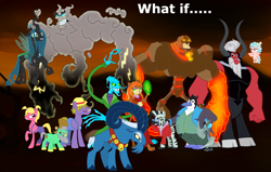 Size: 1600x1018 | Tagged: safe, artist:fercho262, artist:moheart7, artist:nukarulesthehouse1, artist:sketchmcreations, artist:vector-brony, edit, imported from derpibooru, vector edit, arabus, catrina, cozy glow, grogar, king charlatan, lavan, lord tirek, queen chrysalis, zeb, oc, oc:tak the fuser, air elemental, bird, centaur, changeling, earth pony, elemental, fire elemental, penguin, pony, sheep, zebra, the beginning of the end, antagonist, artwork, brittles, caption, cloud demon, cloven hooves, dark background, erebus, female, filly, foal, g1, g1 to g4, g1 villains, g4, generation leap, group, image macro, legion of doom, male, mare, ponified, ram, razorbeak, stallion, text, vector, villain team-up, wasteland, what if, wholesome