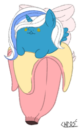 Size: 240x390 | Tagged: safe, artist:trying-to-be-cool, imported from derpibooru, oc, oc only, oc:fleurbelle, alicorn, alicorn oc, banana, bow, female, food, hair bow, mare