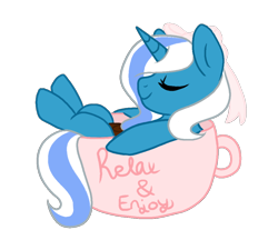 Size: 1000x900 | Tagged: safe, artist:celestial-dumpling, imported from derpibooru, oc, oc:fleurbelle, alicorn, pony, adorabelle, alicorn oc, bow, cup, cup of pony, cute, eyes closed, female, hair bow, mare, micro, ocbetes, simple background, transparent background, ych result