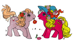 Size: 958x564 | Tagged: safe, imported from derpibooru, baby lickety split, baby shady, earth pony, pony, bow, duo, female, filly, flower, flower in hair, g1, hat, mouth hold, simple background, tail bow, white background