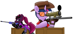 Size: 9038x4231 | Tagged: safe, artist:ejlightning007arts, imported from derpibooru, tempest shadow, twilight sparkle, boxes, butt, crossover, female, gun, hat, implied lesbian, implied shipping, lesbian, overwatch, plot, ponytail, rifle, shipping, simple background, sniper, sniper rifle, sunglasses, team fortress 2, tempestlight, transparent background, twilight sniper, vector, weapon, widowmaker, widowtempest