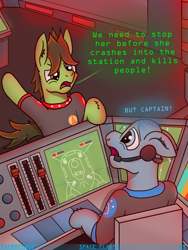 Size: 3024x4032 | Tagged: safe, artist:tacomytaco, imported from derpibooru, oc, oc only, oc:captain conray, oc:eickland, earth pony, pony, comic:space floofs, bipedal, bridge, clothes, comic, headset, male, shirt, text, uniform, worried