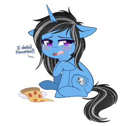 Size: 1950x2000 | Tagged: safe, artist:higgly-chan, imported from derpibooru, oc, oc only, oc:silver lining, pony, unicorn, crying, floppy ears, food, meat, pepperoni, pepperoni pizza, pizza, sad, simple background, solo, text, transparent background