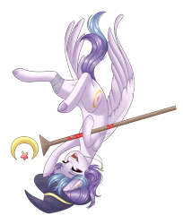 Size: 2293x2809 | Tagged: safe, artist:ohhoneybee, imported from derpibooru, oc, oc only, oc:shylu, pegasus, pony, female, hat, mare, simple background, solo, staff, transparent background, upside down, witch hat