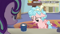 Size: 800x450 | Tagged: safe, edit, edited screencap, imported from derpibooru, screencap, cozy glow, starlight glimmer, pegasus, pony, marks for effort, caption, chocolate, cup, empathy cocoa, female, filly, food, hot chocolate, image macro, implied rarity, lisp, marshmallow, mug, rarity is a marshmallow, starlight's office, text