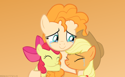Size: 6398x3937 | Tagged: safe, artist:mrkat7214, imported from derpibooru, apple bloom, applejack, pear butter, earth pony, pony, absurd resolution, adorabloom, bittersweet, crying, cute, daaaaaaaaaaaw, female, filly, hnnng, hug, if only, jackabetes, like mother like daughter, like parent like child, mare, mother and daughter, mother's day, pearabetes, reunion, show accurate, simple background, tears of joy