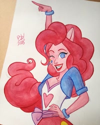 Size: 1080x1350 | Tagged: safe, artist:lobarka, imported from derpibooru, pinkie pie, equestria girls, female, hand on hip, lipstick, looking at you, one eye closed, solo, traditional art, wink